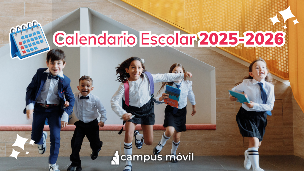 Niños corriendo felices en una escuela, portada del artículo sobre el calendario escolar SEP 2025-2026 publicado por Campus Móvil.